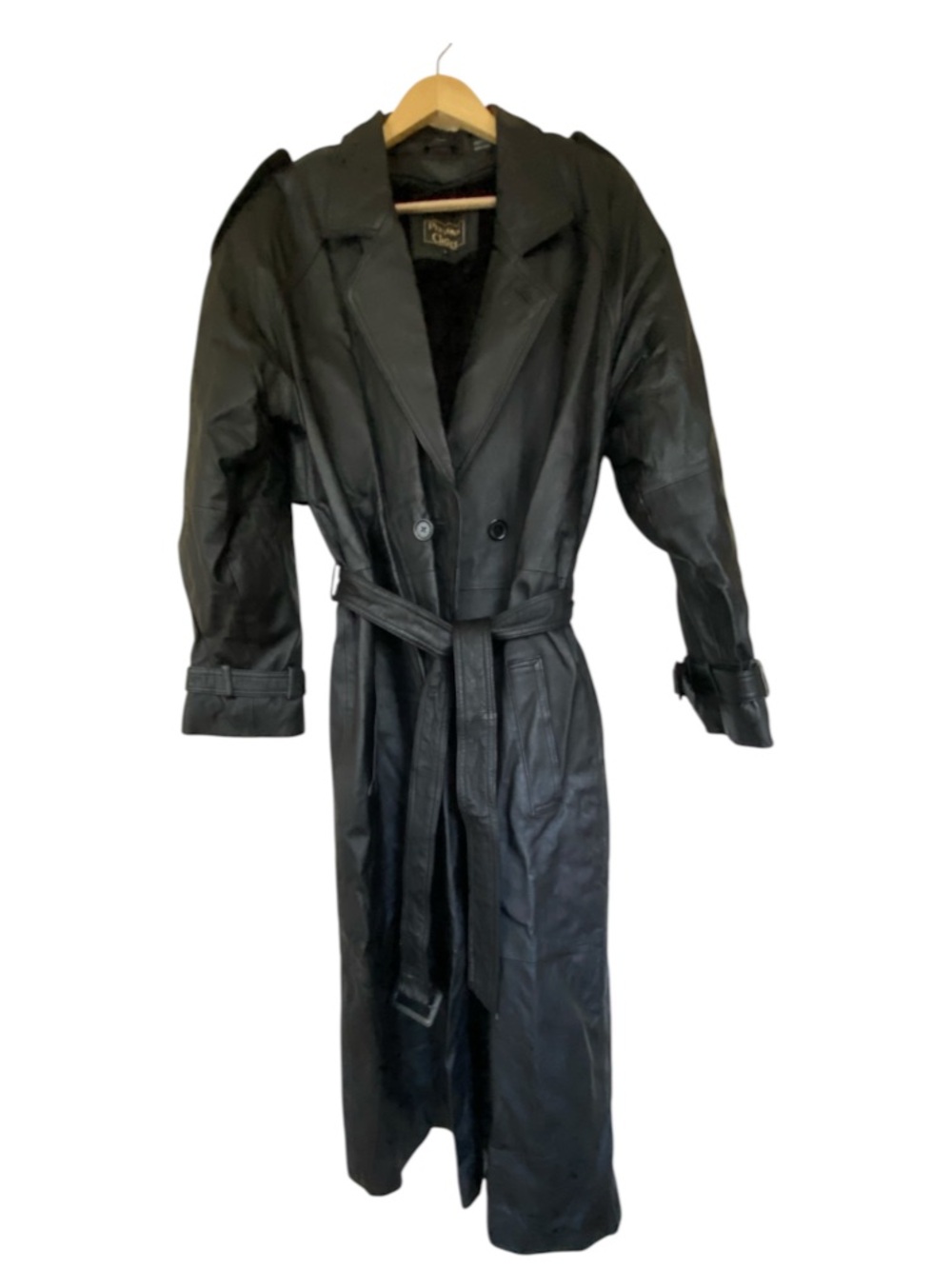 PERSONAL CHOICE Vintage  Black Leather Long Trench Coat With Belt Size S